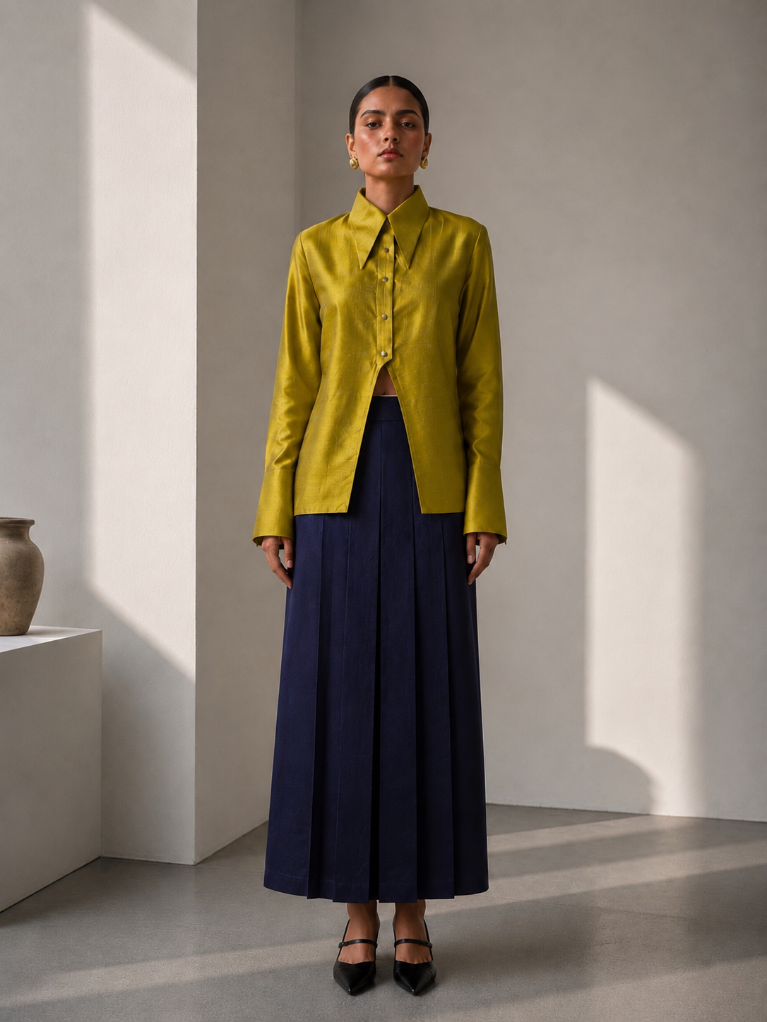 Silk Shirt & Pleated Skirt Set
