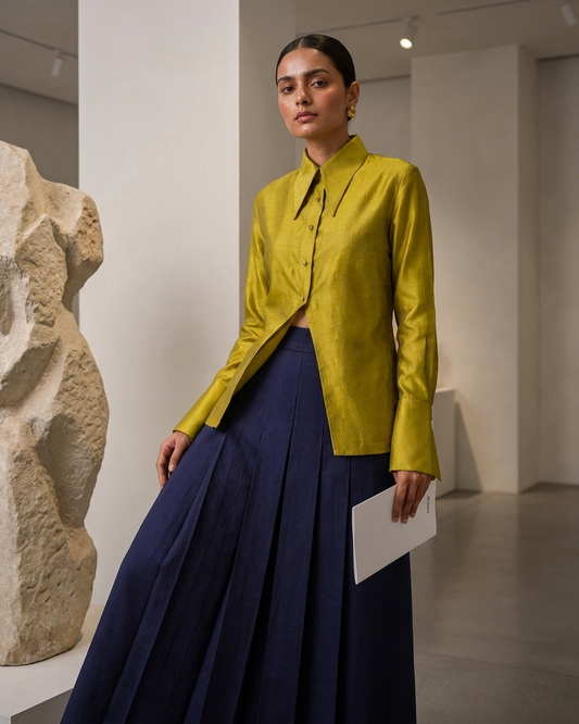 Silk Shirt & Pleated Skirt Set