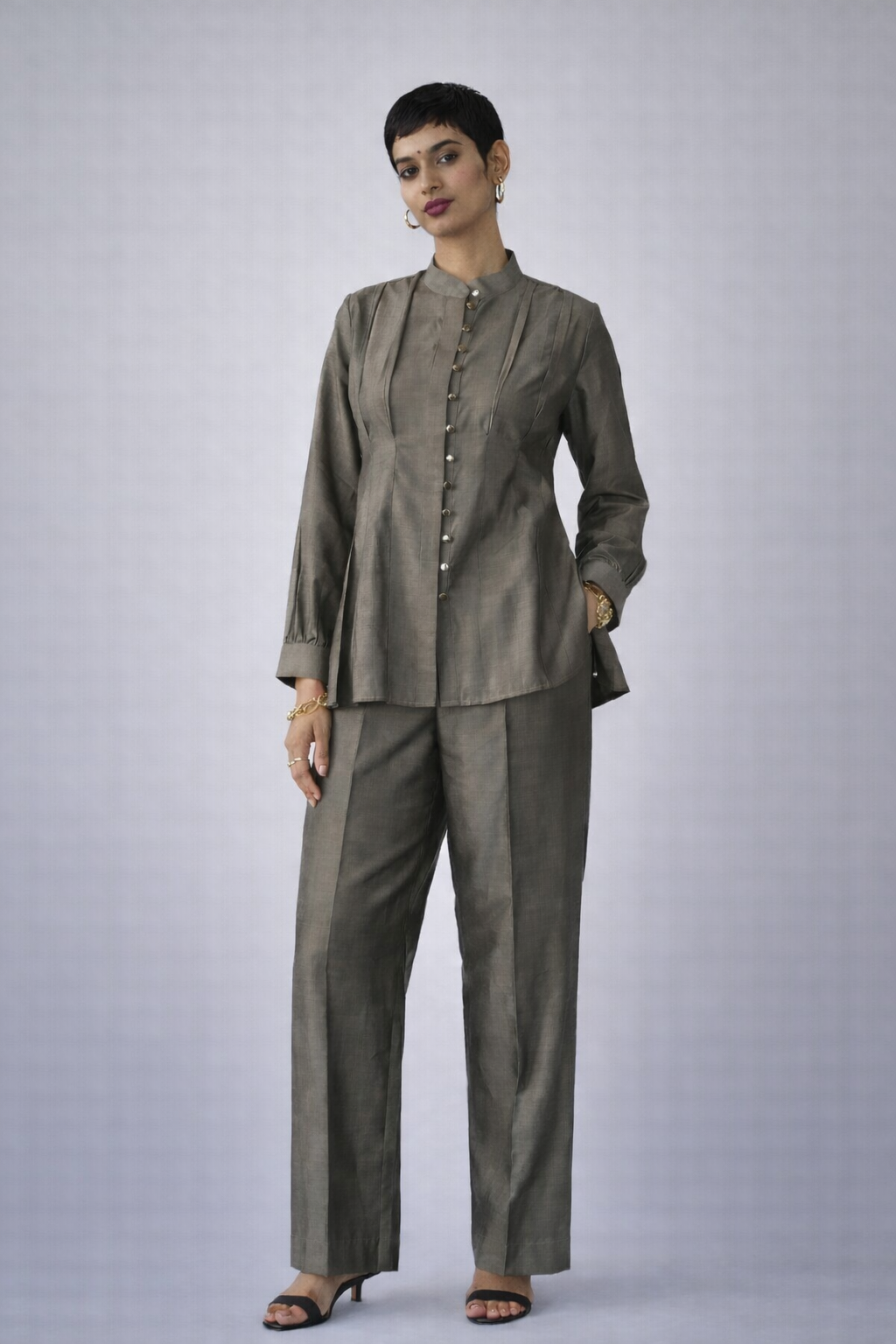 Sand Pleated Shirt Set