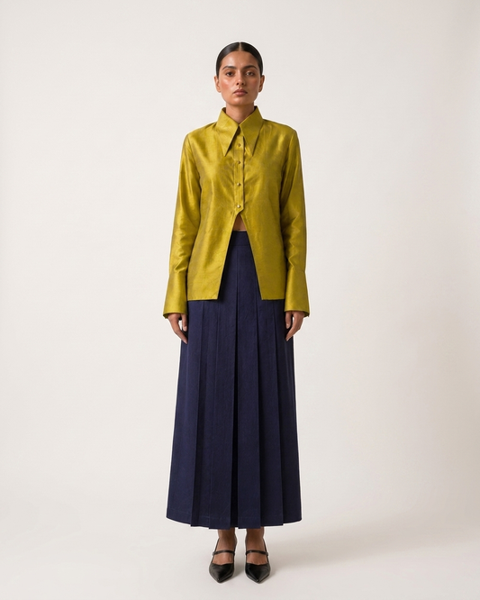 Silk Shirt & Pleated Skirt Set