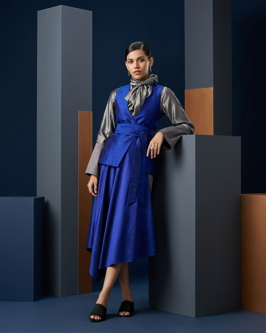 Royal Blue Skirt Set in Silk